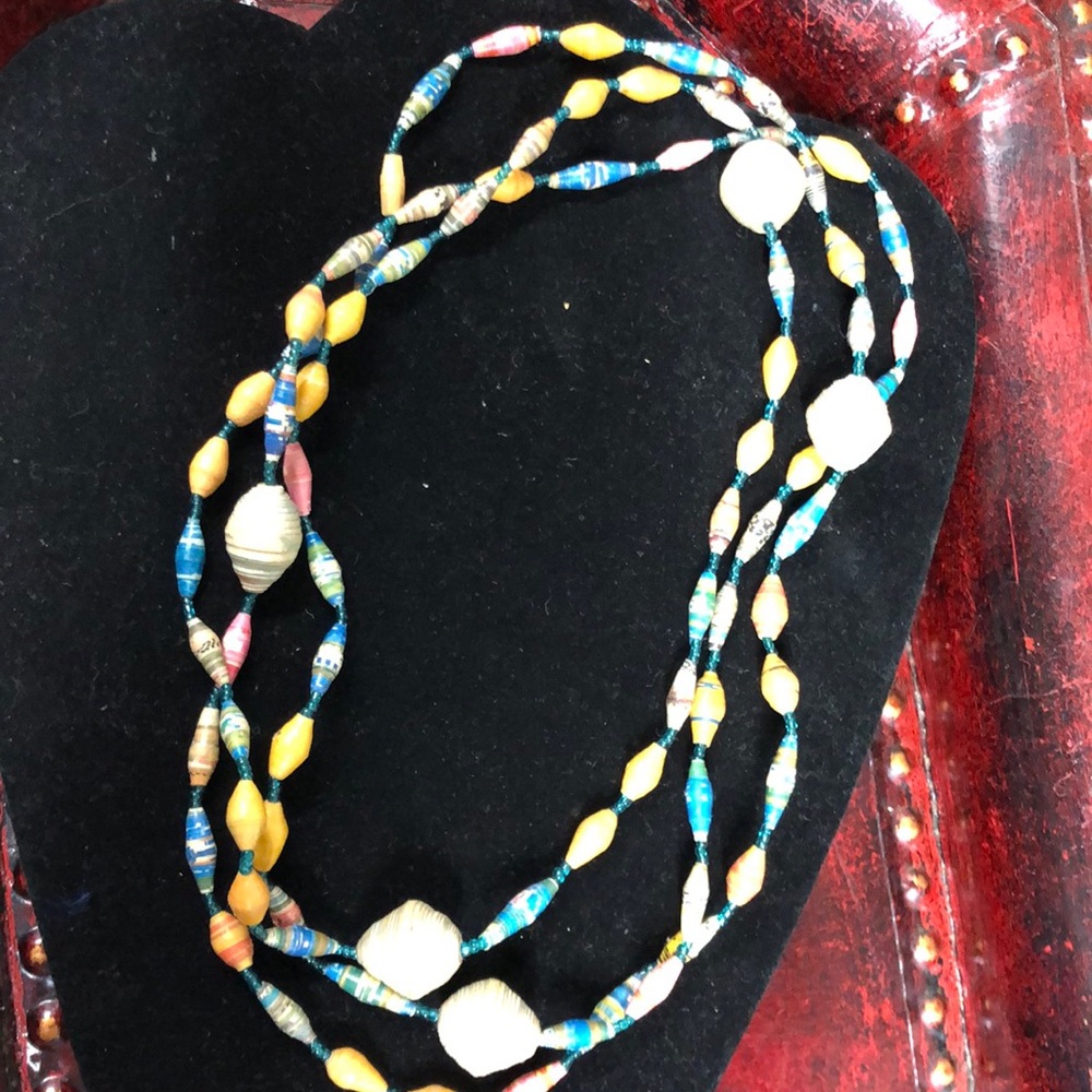Paper bead necklace set together‎ with teal glass seed beads